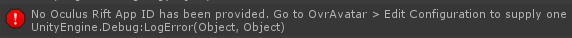 Note that you may see this error when you run the demo. This is expected, and can be fixed by doing what it says, or completely ignoring it as Oculus provides a default Avatar for testing with that will be used.