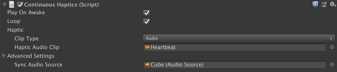 The ContinuousHaptics settings.